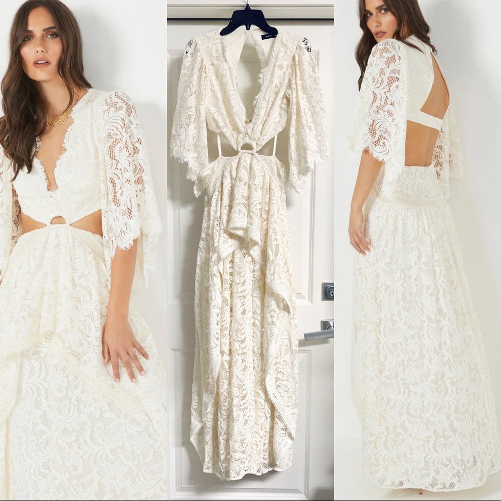 BCBGMAXAZRIA Norma White Maxi Lace Evening Dress